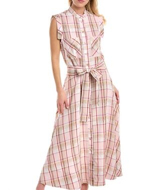 NWT Pearl by Lela Rose Blush Multi Plaid Crepe Belted Midi Dress